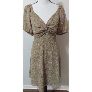 Japna XL Mini Dress Womens Olive Pink Floral Twisted Front Babydoll Puff Sleeves
